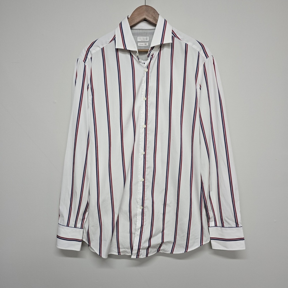 Brunello Cucinelli Basic Fit Shirt Mens L White Striped Cotton Italian Luxury